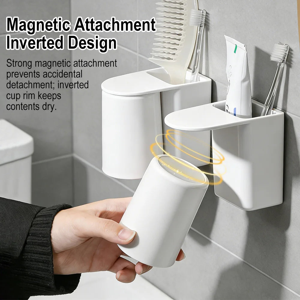 Wall-Mounted Magnetic Mouthwash Cup & Toothbrush Holder Toothbrush Cup Holder Qst