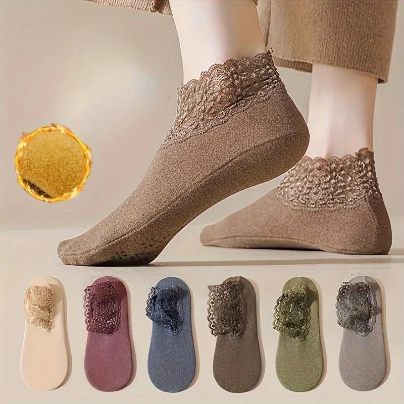 Women's Thermal Fuzzy Socks – Lace Trim & Non-Slip Sole Thermal Fuzzy Socks Qme