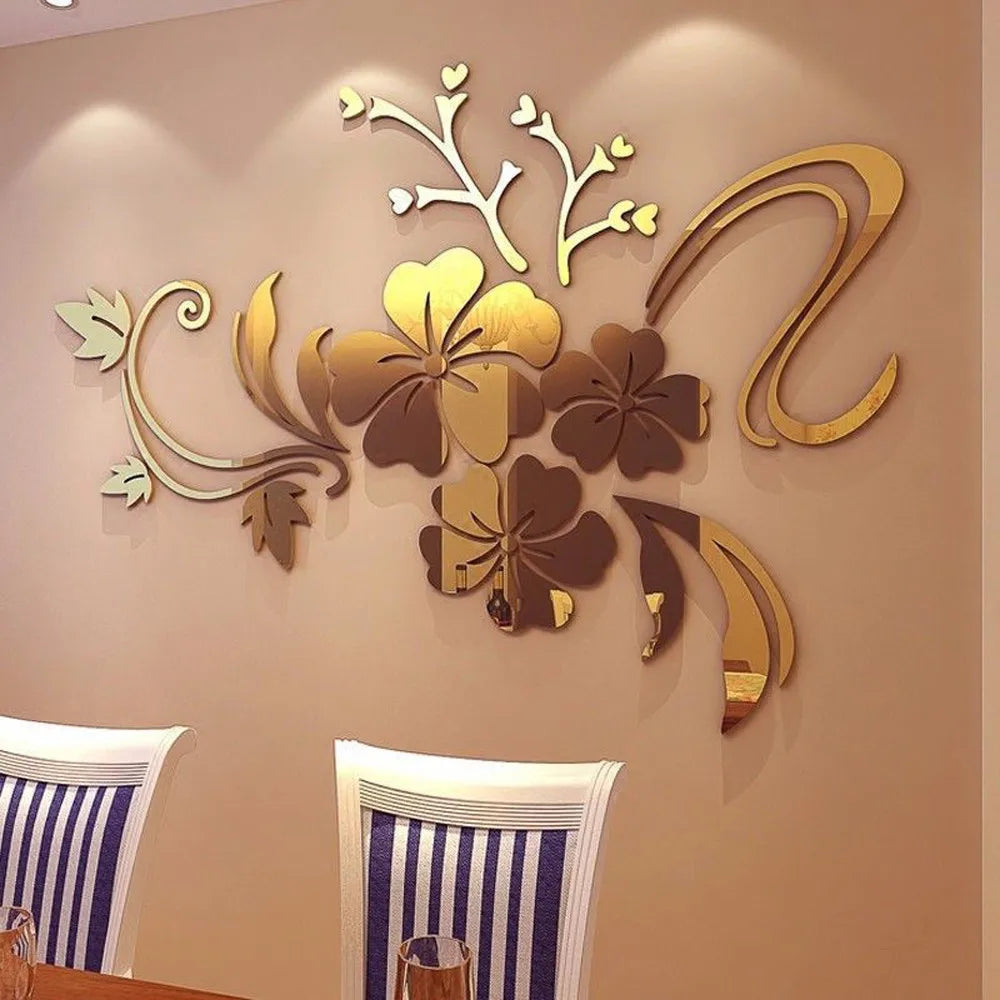3D Mirror Floral Acrylic Wall Sticker – Removable Mural Decal Acrylic Wall Decal Qme Gold