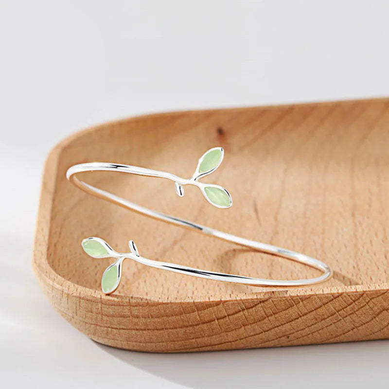 925 Silver Green Opal Leaf Bangle | Minimalist Women's Bracelet Silver Opal Bangle Qme