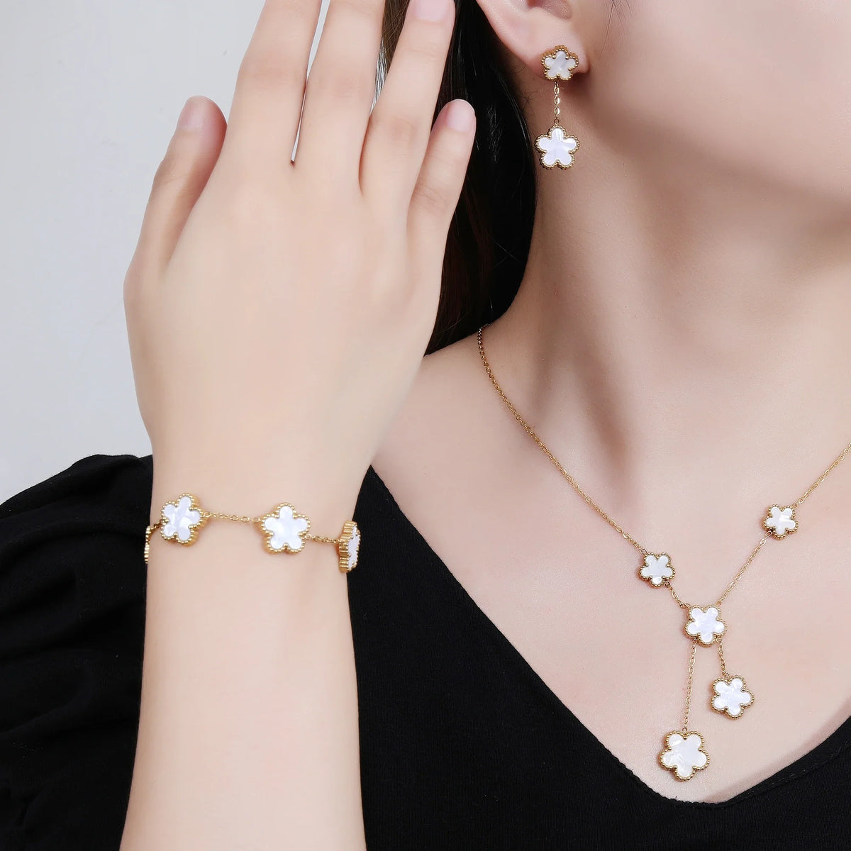 Clover Five Leaf Flower Stainless Steel Jewelry Set Jewelry Set Qme