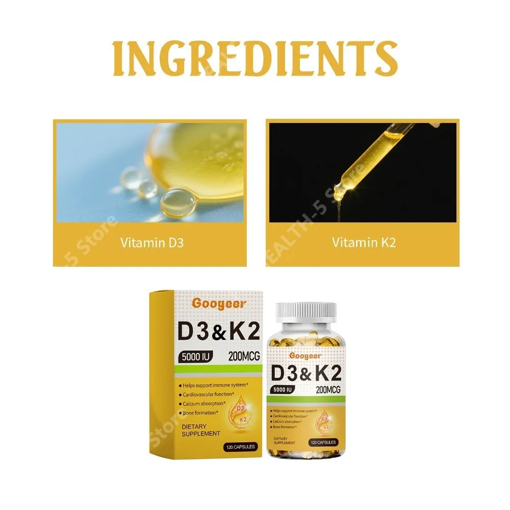 Vitamin D3 5000 IU + K2 200 mcg Capsules – 120 CT | Daily Wellness Vitamin Supplement Qst