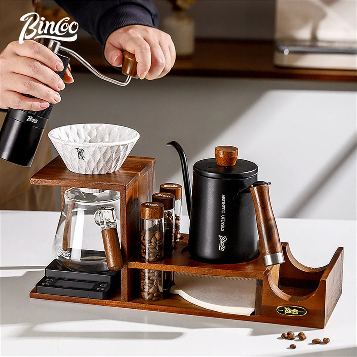 Bincoo Coffee Hand Grinder Storage Rack – 4-Piece Wood Set Coffee Organizer Rack Qst