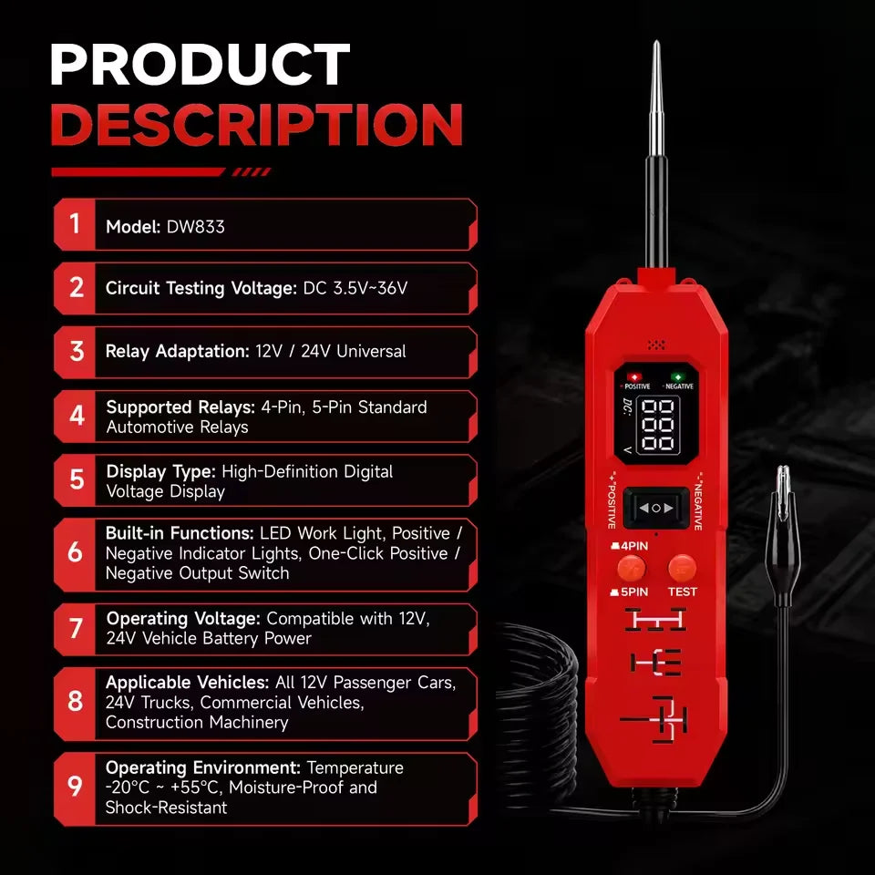 DW833 2-in-1 Automotive Circuit & Relay Tester LED DC 3.5–36V Automotive Diagnostic Tester Qst