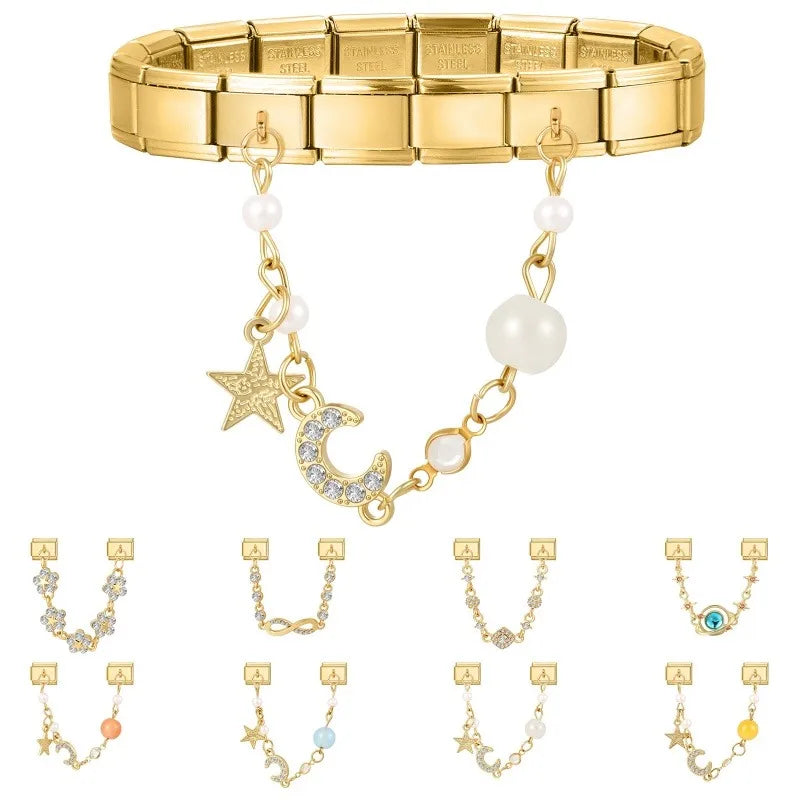 Retro Pearl Moon Zircon Gold Chain Tassel Charm | DIY Jewelry Charm Qme