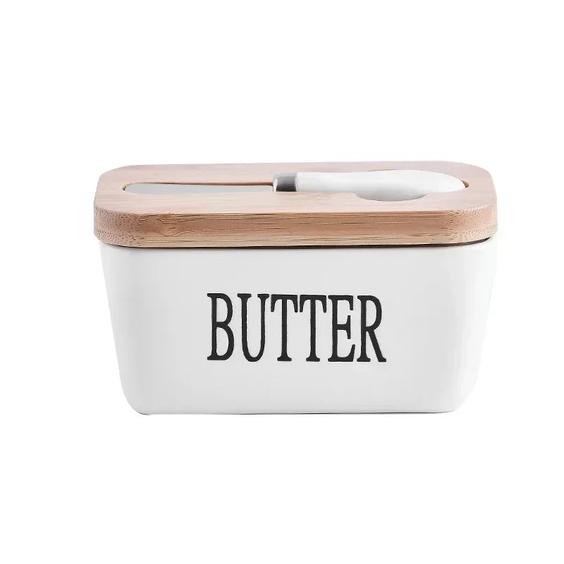 Ceramic Butter Dish with Bamboo Lid & Cheese Knife – 3 Colors Butter Dish Set Qme