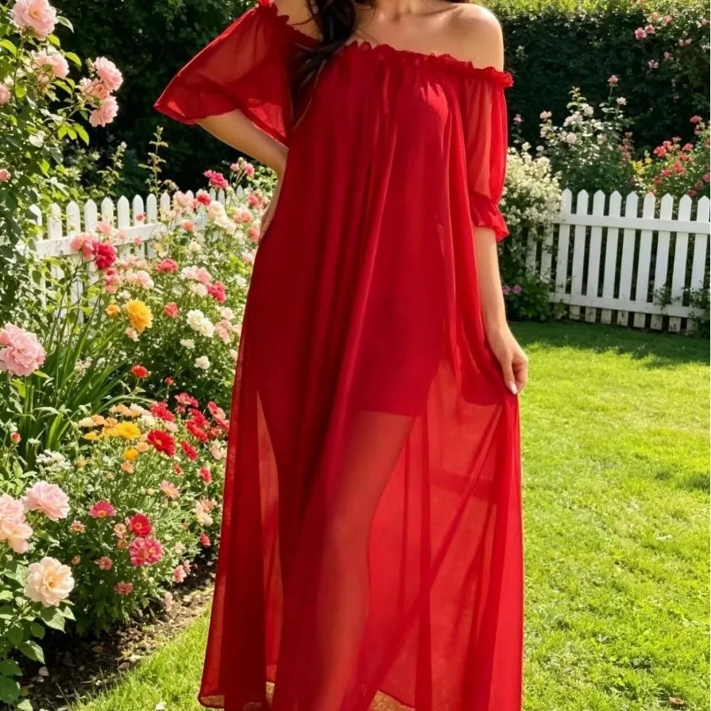 Off Shoulder Sheer Mesh Nightgown V-Neck Ruffle Nightdress Mesh Nightgown Qme