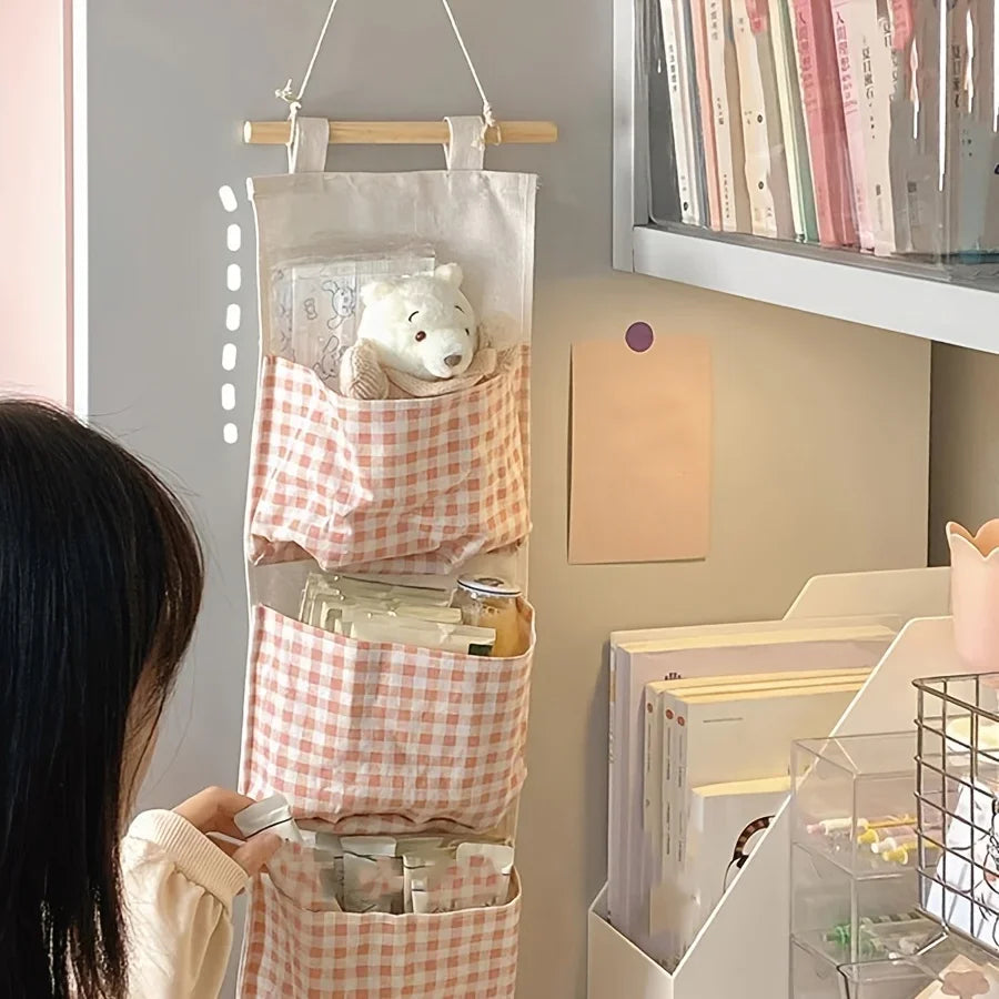 Pink Canvas Wall-Mounted Storage Rack – Bedroom Organizer Wall Storage Rack Qme