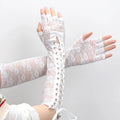 Women's Lace Elbow-Length Fingerless Gloves with Ribbon Lace Fingerless Gloves Qme WHITE length 39cm