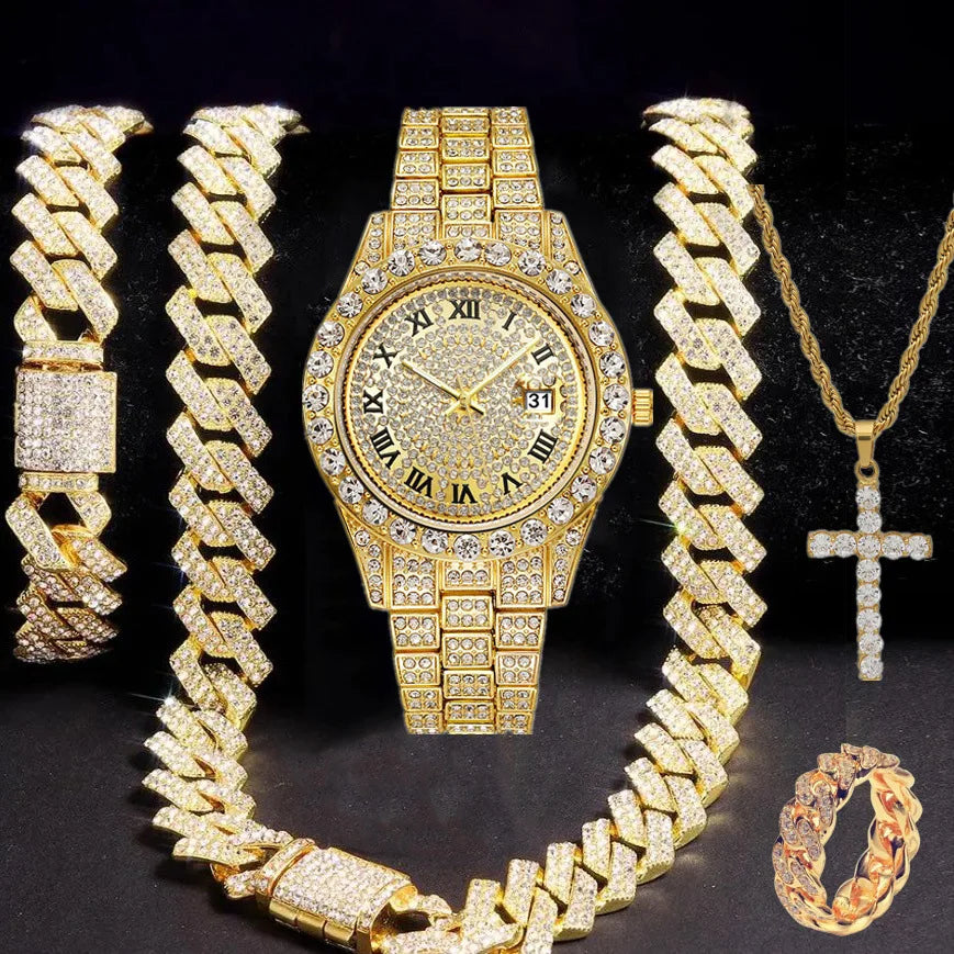 Men's Iced Out Cuban Chain Watch & Bracelet Jewelry Combo Jewelry Combo Set Qme Gold
