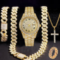 Men's Iced Out Cuban Chain Watch & Bracelet Jewelry Combo Jewelry Combo Set Qme Gold