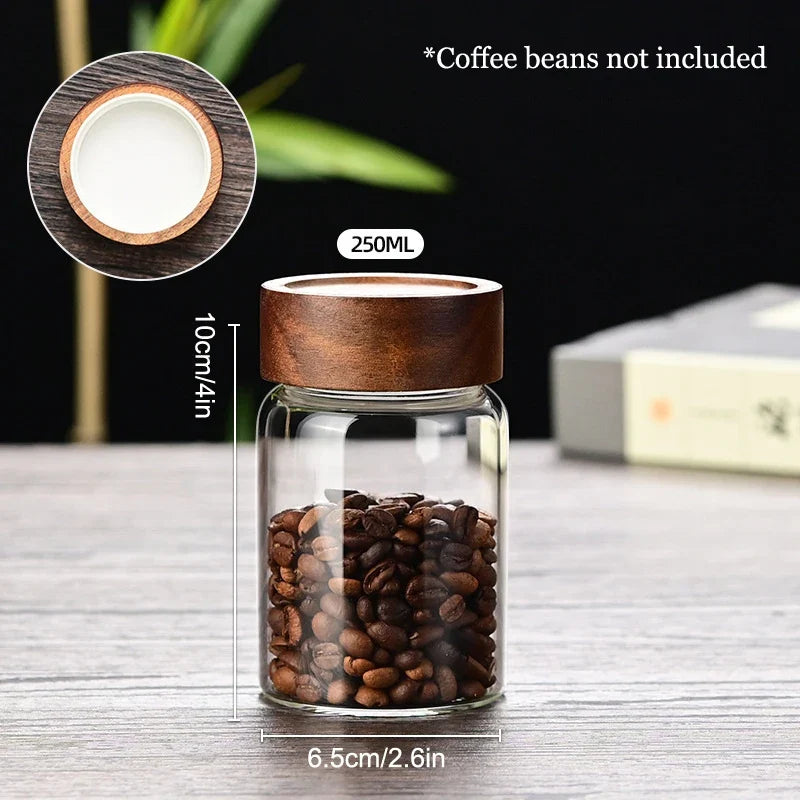 Glass Coffee Bean Storage Tube with Wooden Lid | 100–300ML Glass Storage Canister Qme 250ML