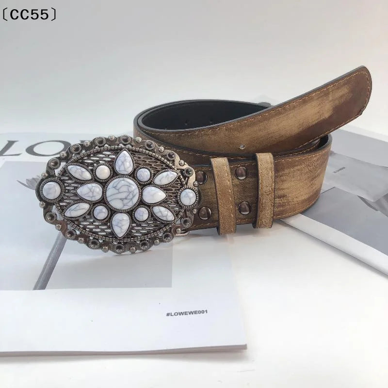 Vintage Boho Western Belt – White Stone Buckle Embossed Leather Boho Leather Belt Qst