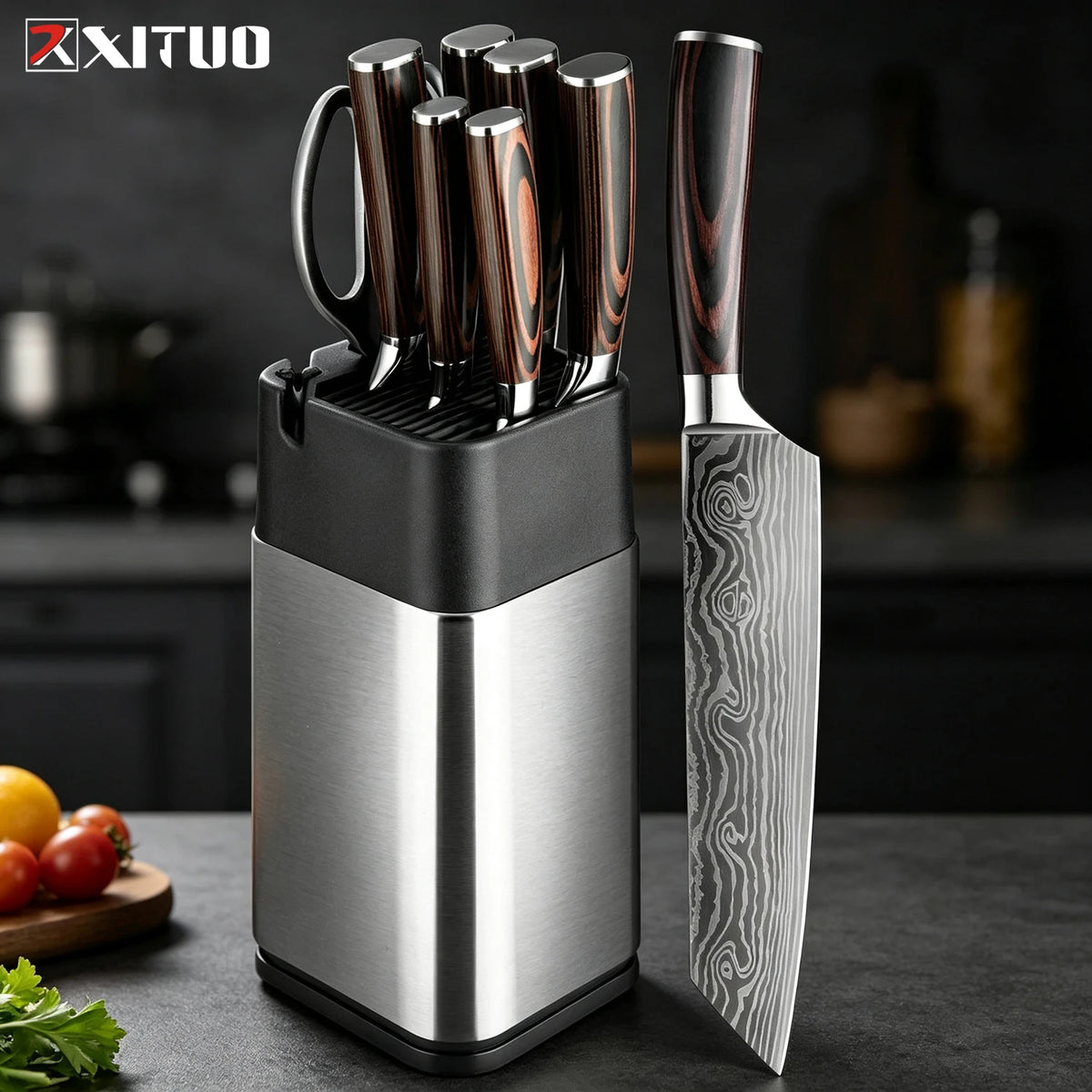 XITUO 8-Piece Kitchen Knife Set with Block & Scissors Kitchen Knife Set Qst 8PCS Knife