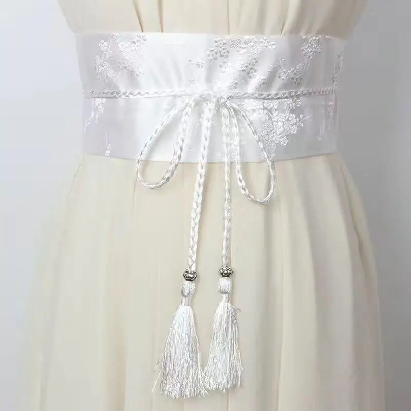Vintage Floral Embroidered Wrap Belt – Bow Tie Tassel Sash Embroidered Wrap Belt Qst B
