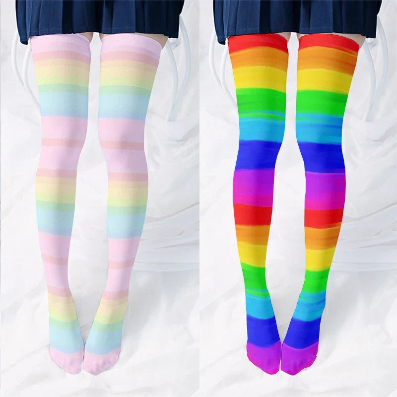 Rainbow Striped Thigh High Stockings | Kawaii Multicolor Hosiery Thigh High Stockings Qme