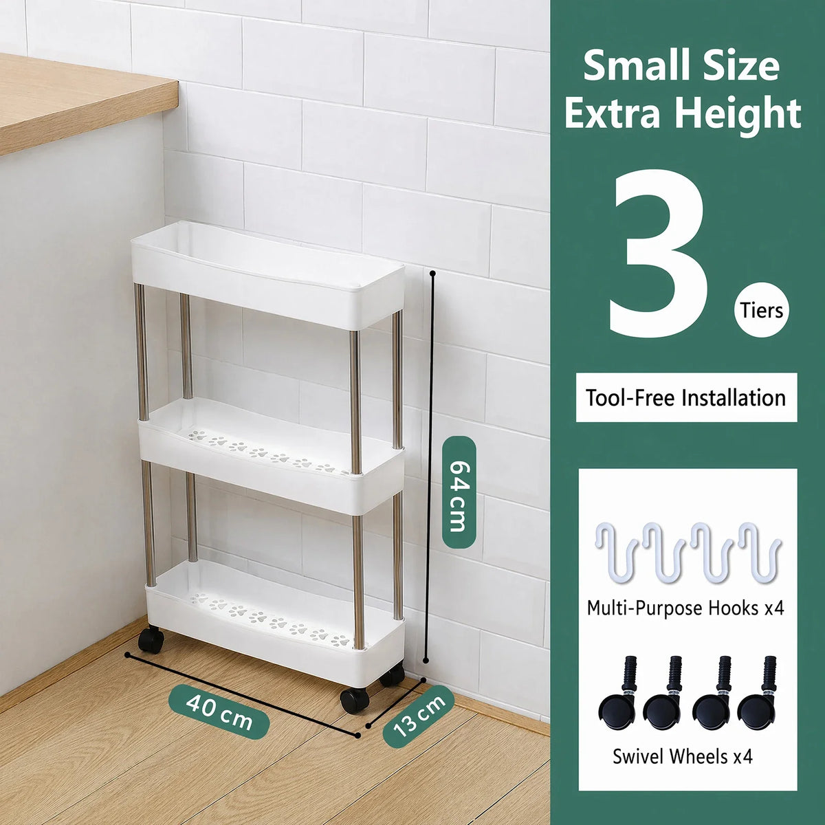 3-Tier Rolling Storage Organizer Trolley | Slim Plastic Cart Rolling Storage Trolley Qme