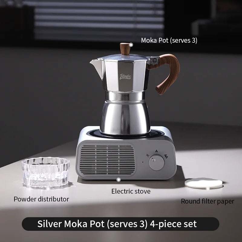 BINCOO Moka Pot Kit – Electric Heater & Manual Grinder Moka Pot Bundle Qst 4pcs Set-3cupS