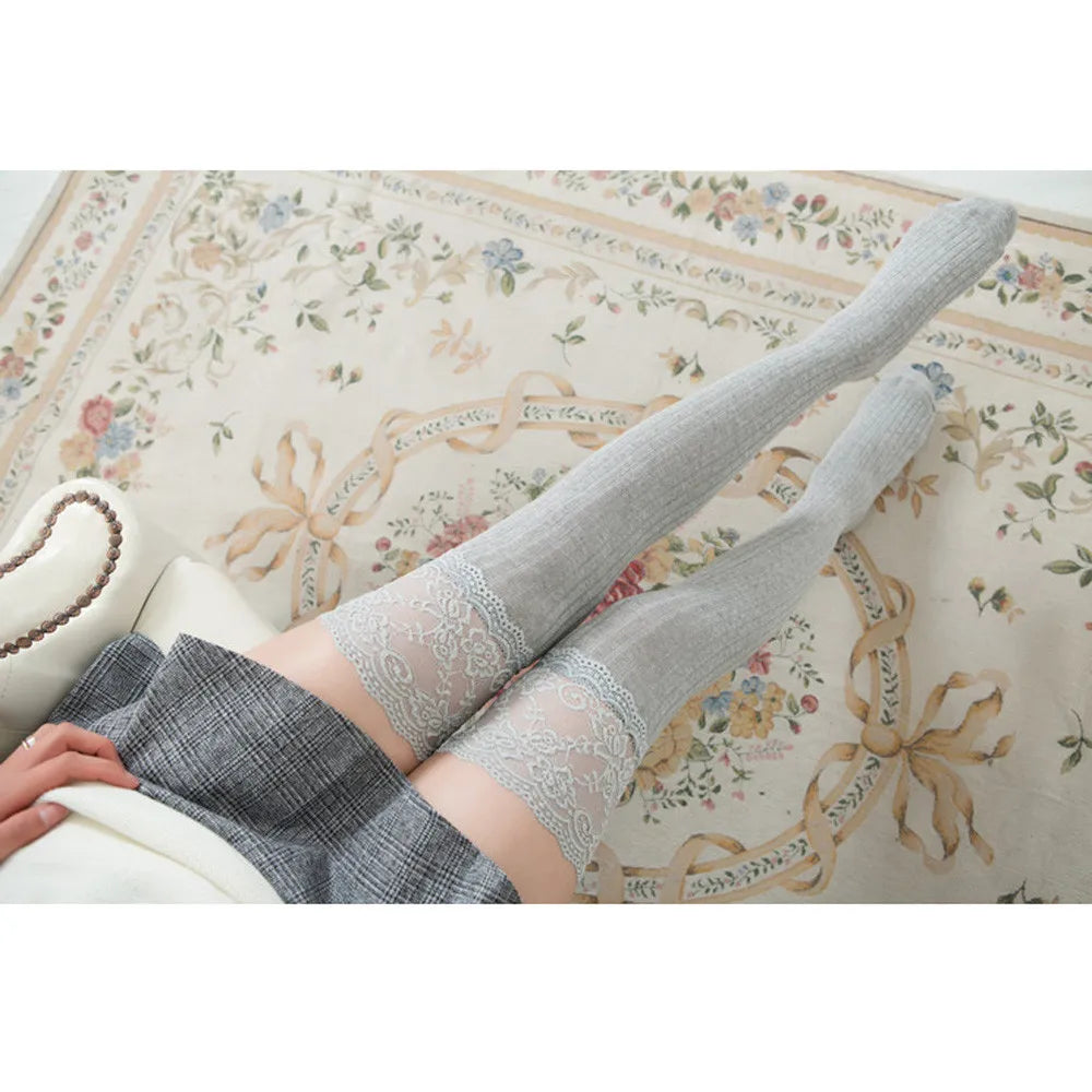 Women's Floral Lace Over-Knee Thigh High Stockings – 7 Colors Lace Thigh High Stockings Qme Gray M