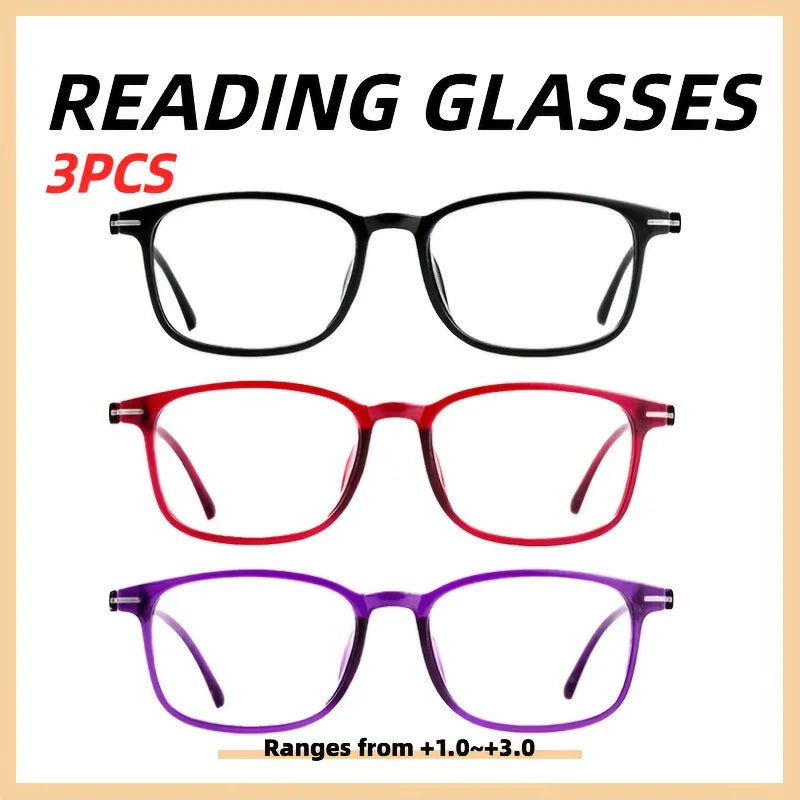 3-Pack Vintage Square Reading Glasses +1.0–+3.0 Unisex Reading Glasses Qst