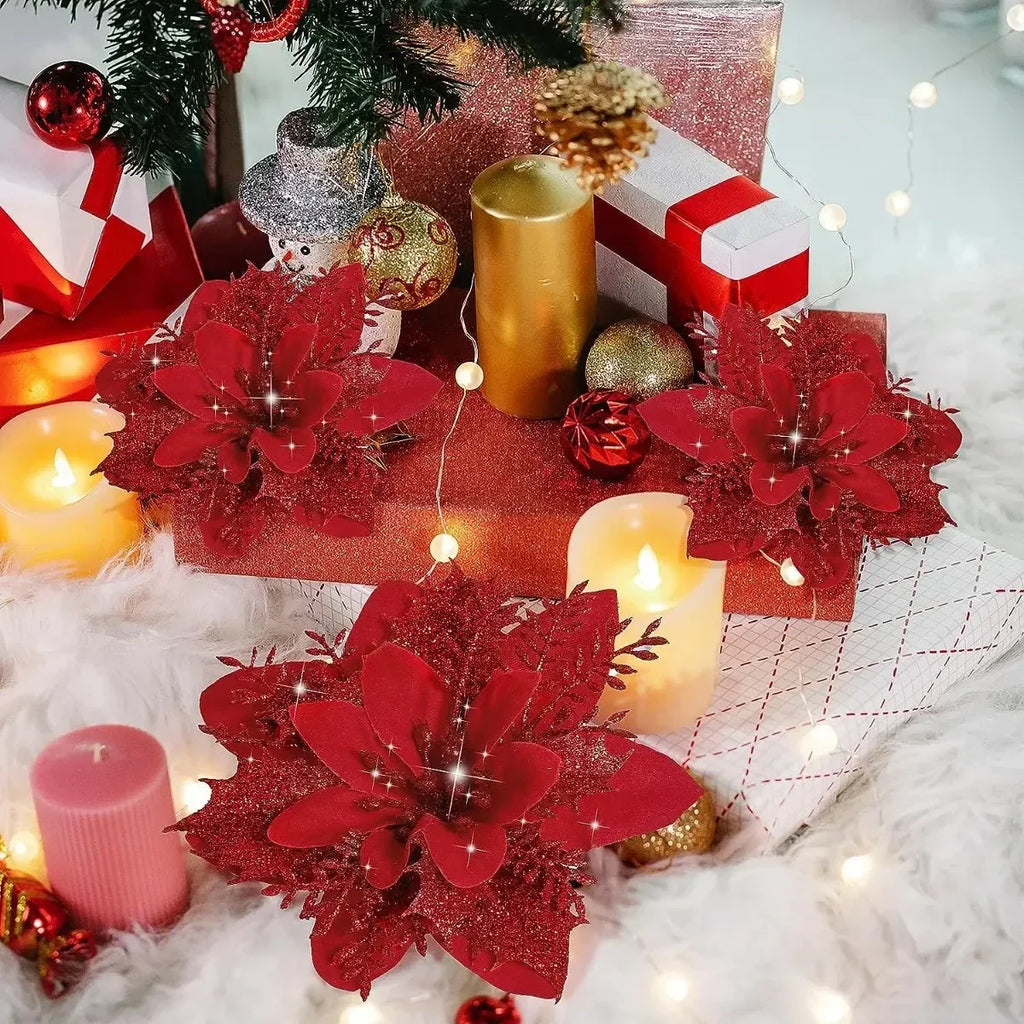 10 Christmas Glitter Artificial Flowers DIY Tree Ornaments Christmas Tree Ornaments Qme