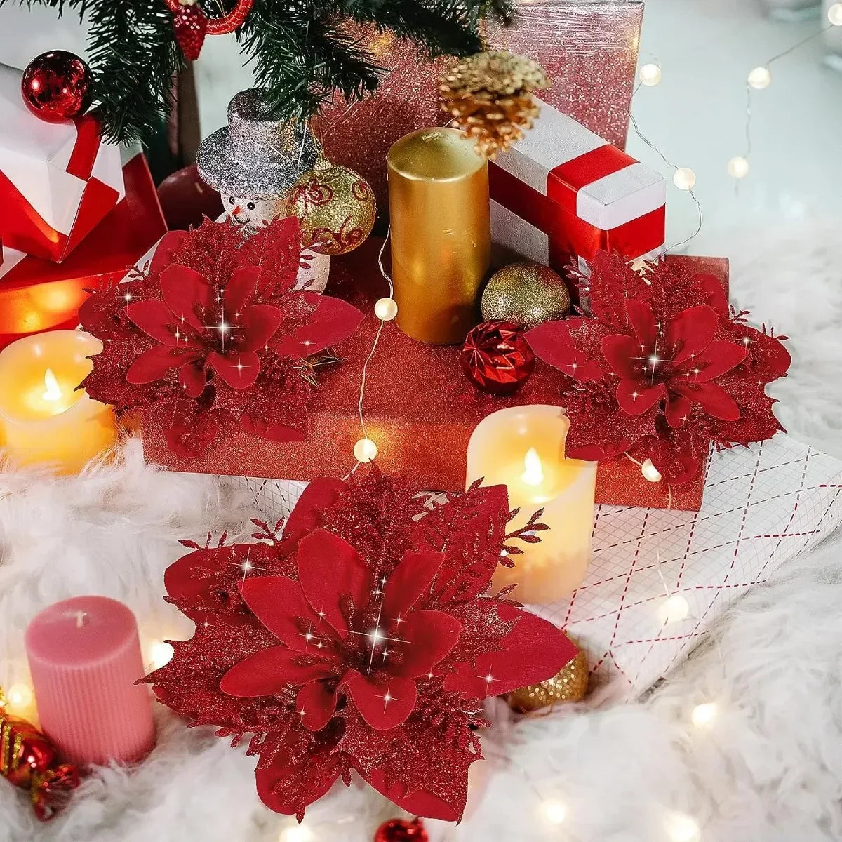 10 Christmas Glitter Artificial Flowers DIY Tree Ornaments Christmas Tree Ornaments Qme