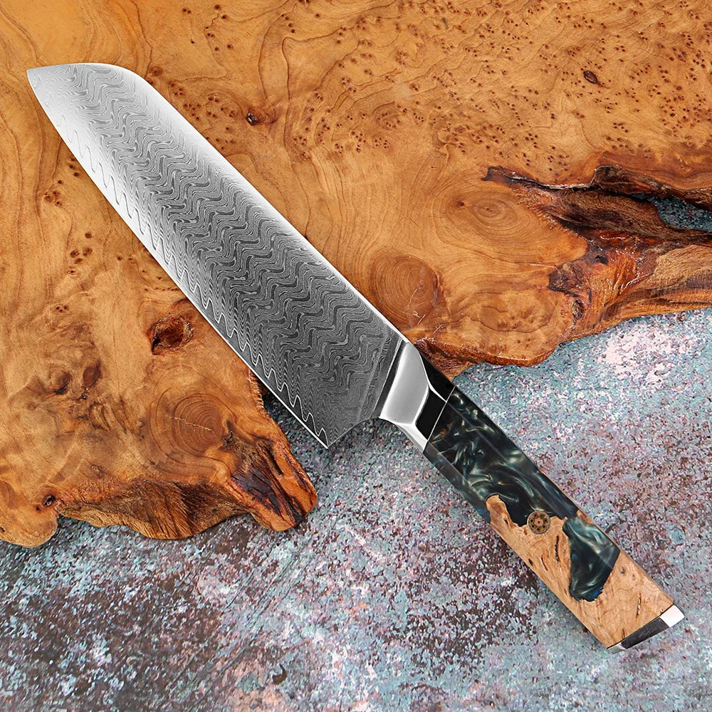 XITUO Damascus Steel Knife Set 1-6PCS – Blue Resin Handle Damascus Knife Set Qst