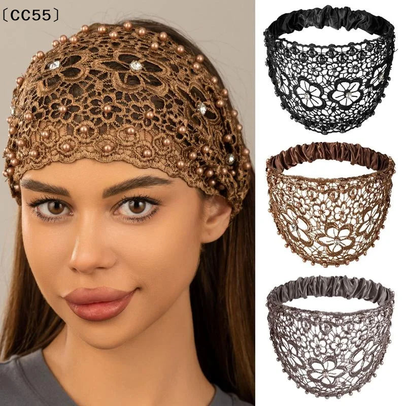Women's Rhinestone Faux Pearl Hollow Flower Wide Headband Fashion Headband Qst