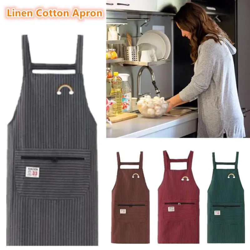 Striped Linen-Cotton Apron – Zippered, Oil-Resistant & Breathable Kitchen Apron Qst
