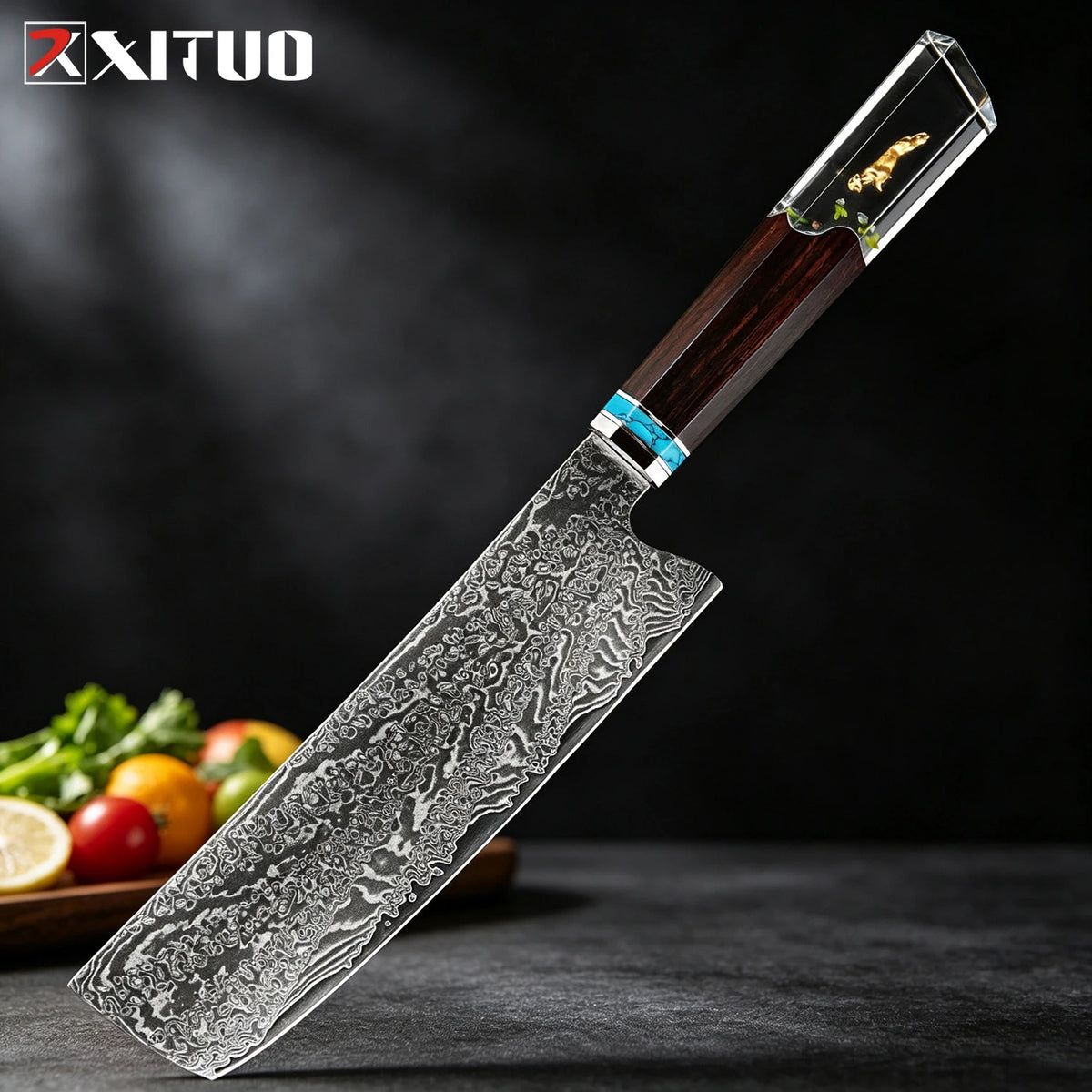 XITUO 6-Piece Damascus Steel Kitchen Knife Set – Resin Handle Kitchen Knife Set Qst Nakiri Knife