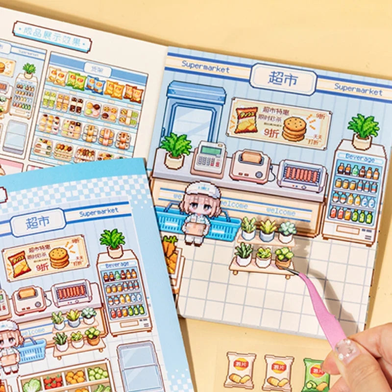 Pixel Art Mini Diorama Sticker Book – Cute Scenes & 2 Colors Decorative Sticker Book Qme