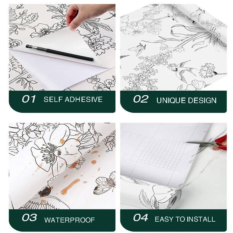 Black & White Floral Peel and Stick Wallpaper | DIY Contact Paper Peel & Stick Wallpaper Qme