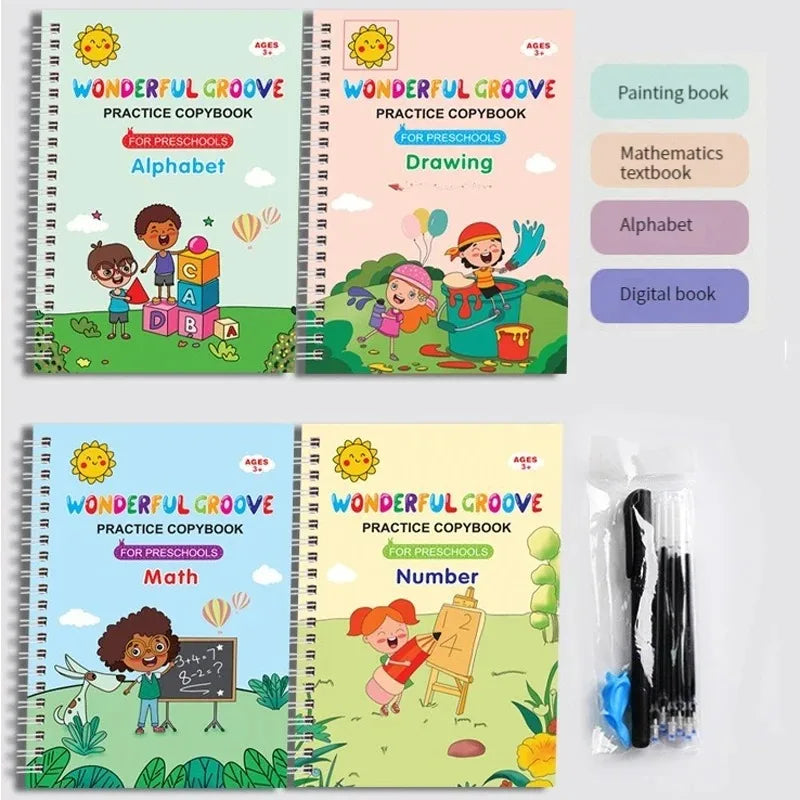Kids Magic Copy Books Set – Wipe-Clean Writing Practice & Pen Kids Writing Practice Set Qme 4 book set with pen