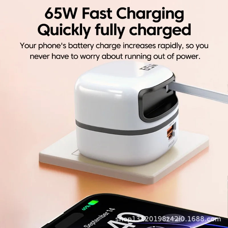 65W Foldable Wall Charger Retractable Cable Travel Adapter | Qme Travel Wall Charger Qme WHITE UK