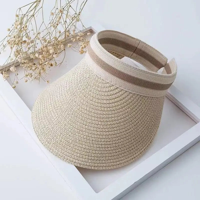 Women's Raffia Straw Wide Brim Sun Hat – Open Top UV Shield Straw Sun Hat Qst Apricot one size