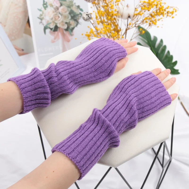 Women's Long Fingerless Gloves Winter Arm Warmers – 10 Colors Fingerless Arm Warmers Qme plum length 30cm