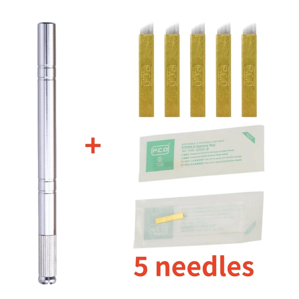Golden Tebori 3D Microblading Pen & Needles – Permanent Makeup Microblading Pen Qme Silver 5 Needles