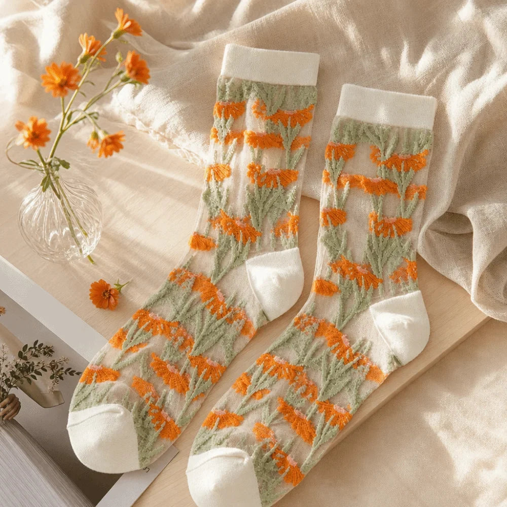 Floral Embroidery Tulle Socks – Sheer Crystal Silk Mesh Embroidery Tulle Socks Qme