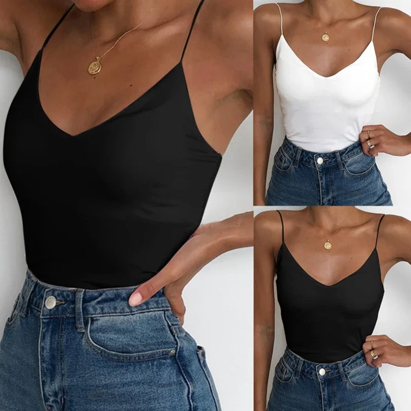 Women's Solid Cami Tank Top – Sleeveless V-Neck Camisole Women's Cami Tank Top Qme
