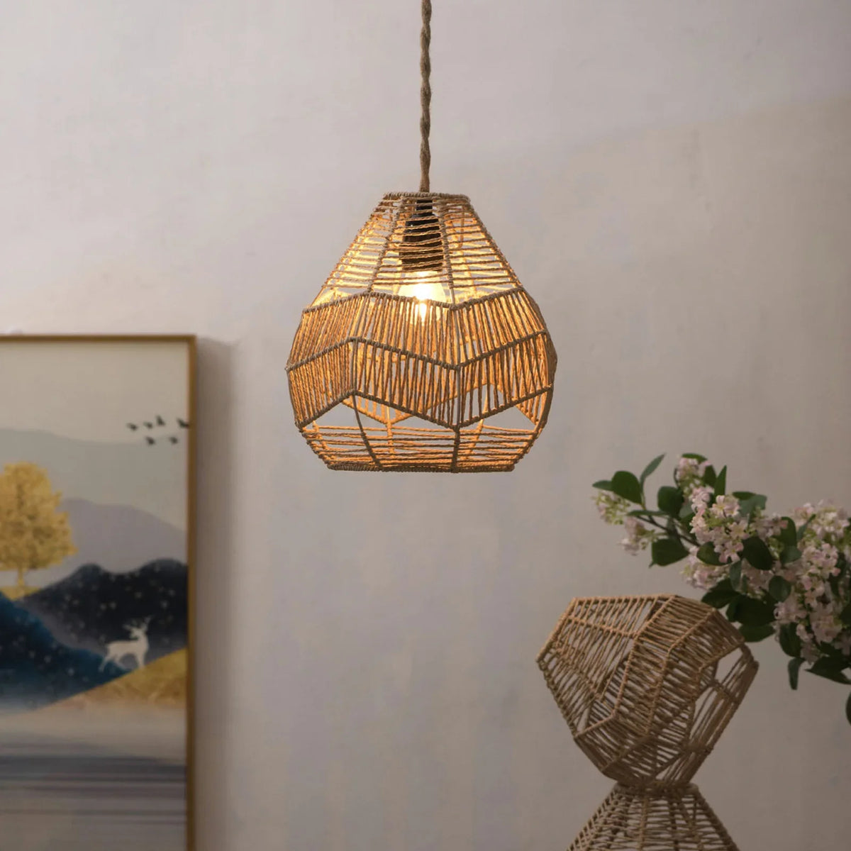 Woven Rattan-Inspired Vintage Pendant Lampshade | Boho Hanging Light Pendant Lampshade Qme