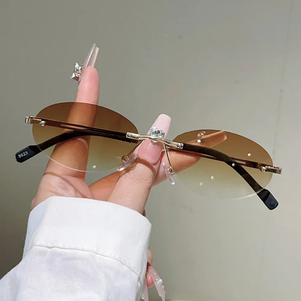 Vintage Frameless Oval Sunglasses – Metal Rimless Gradient Rimless Sunglasses Qme Style 2 WHITE