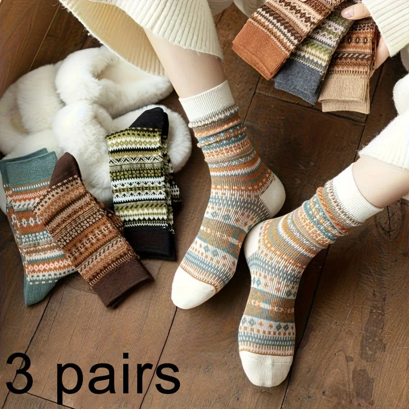 Vintage Fair Isle Crew Socks | Retro Ethnic Pattern Winter Socks Crew Socks Qme