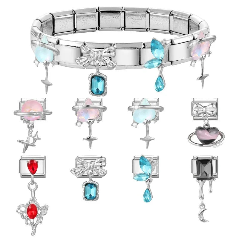 Zircon Italian Charm Links – Heart, Star & Bow | 9mm Steel Italian Charm Links Qme