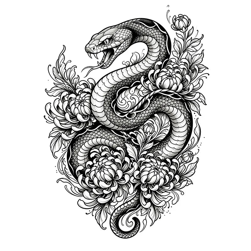Japanese Snake Chrysanthemum Temporary Tattoo Sticker Temporary Tattoo Sticker Qme