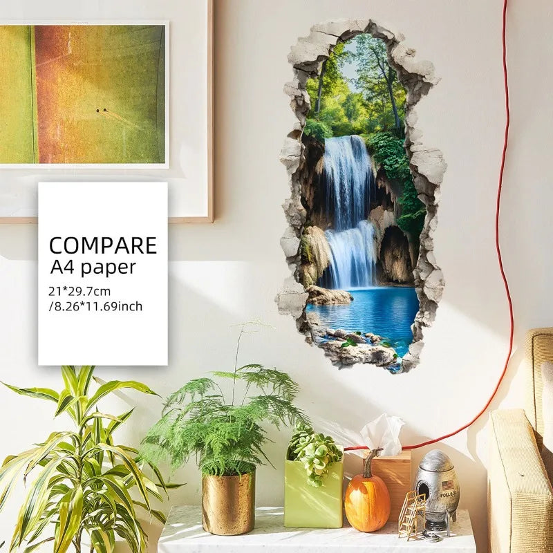 3D Waterfall Forest Wall Sticker – Peel & Stick Waterproof Decal Wall Decal Sticker Qme