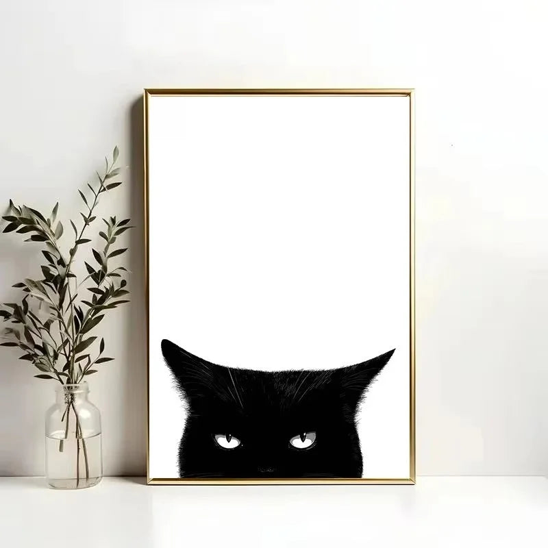Peeping Black Cat Canvas Wall Art – Funny Minimalist Poster Canvas Wall Art Qst