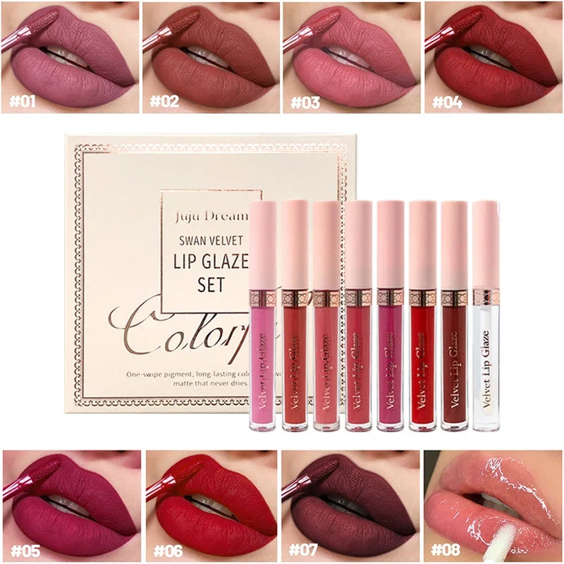 8-Color Matte Lip Gloss Set | One-Swipe, Non-Stick, Long-Lasting Matte Lip Gloss Set Qme