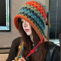 Women's Winter Knitted Beanie – Rainbow Striped Tassel Pom Hat Knitted Winter Beanie Qst Red