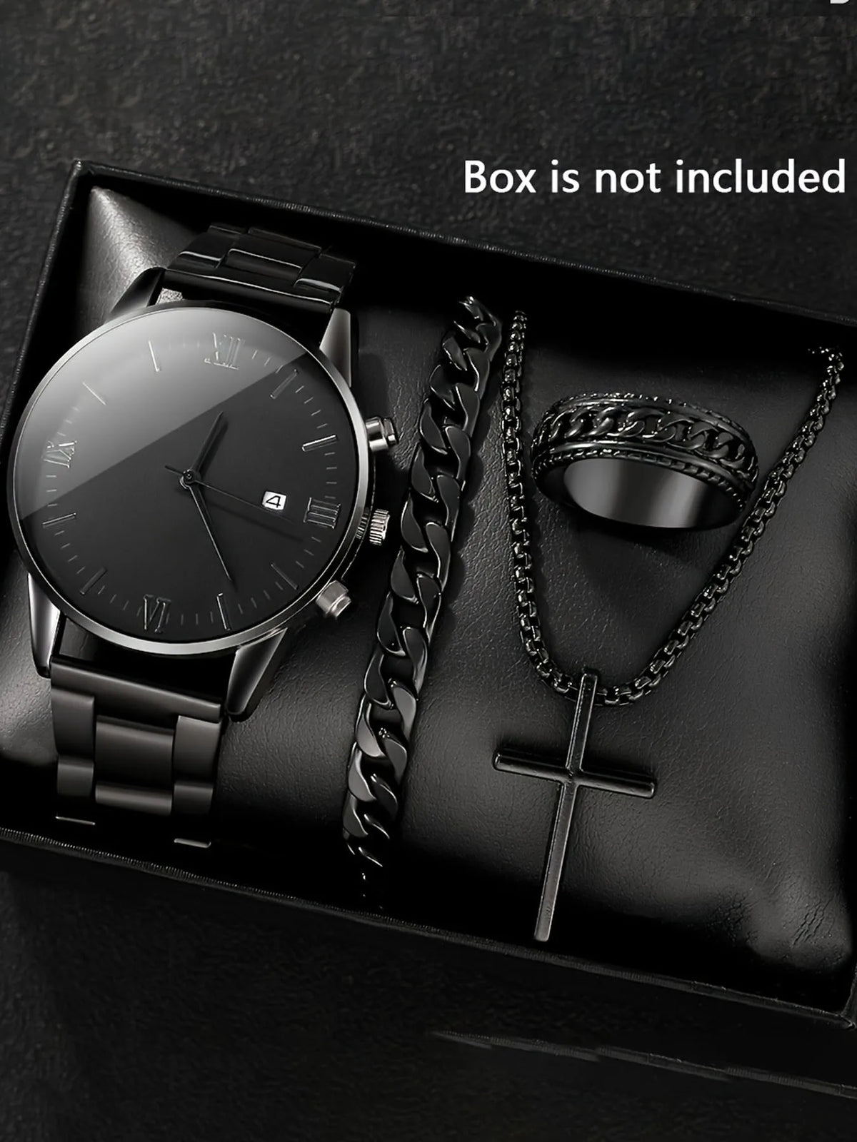 Men's Geneva 4-Piece Stainless Steel Watch & Bracelet Set Men's Jewelry Set Qme black