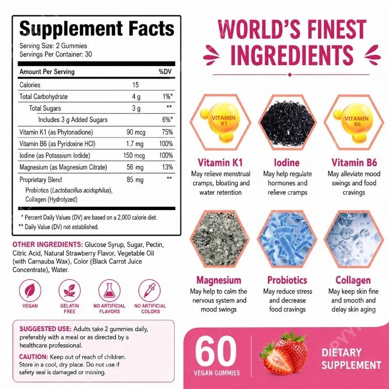 Women's Daily Wellness Gummies – B6, Collagen, Probiotics, 60ct Wellness Supplement Gummies Qst